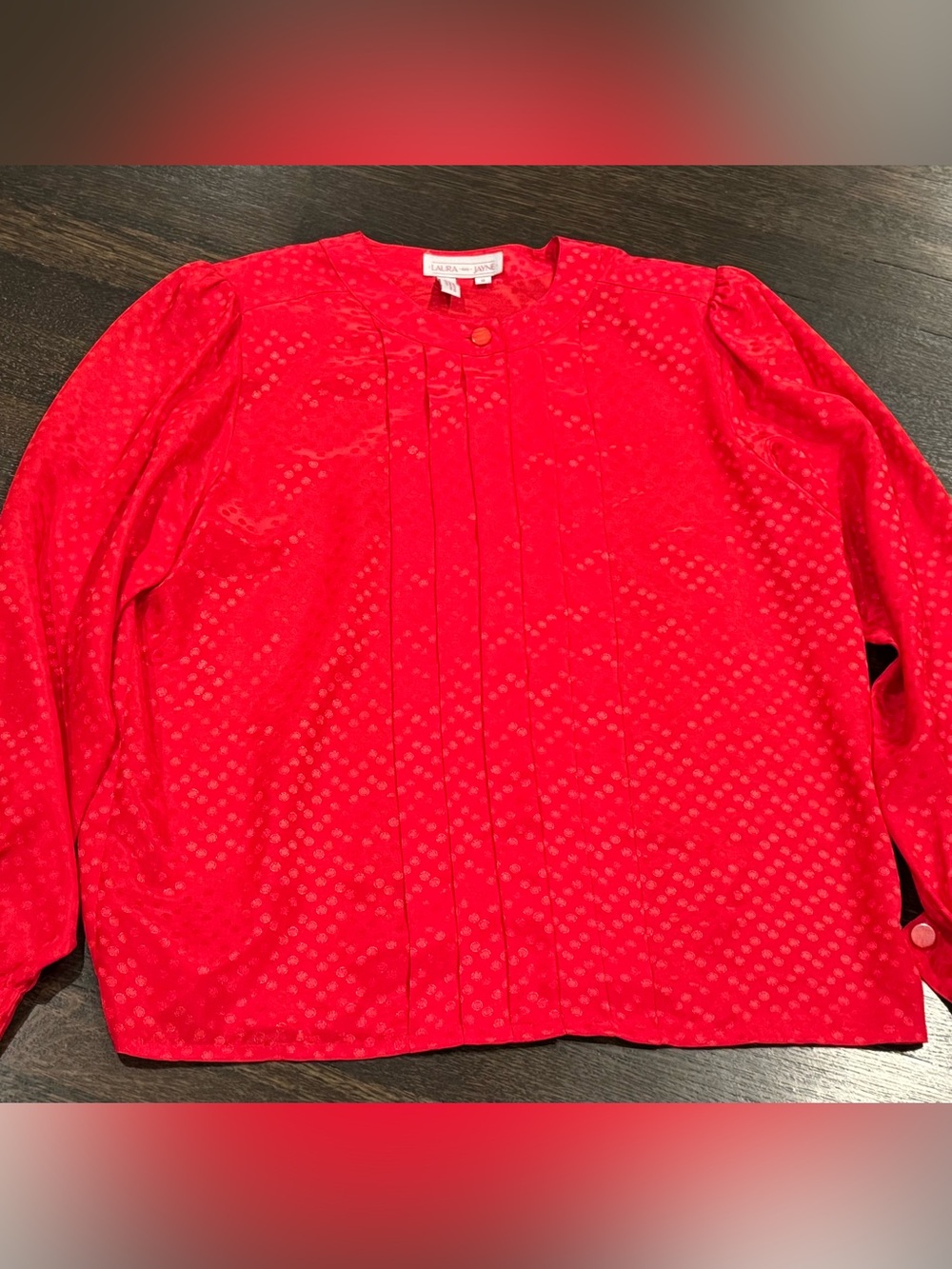 Vintage Laura & Jayne Red Polka Dot Jacquard Pleated Blouse - Size 12